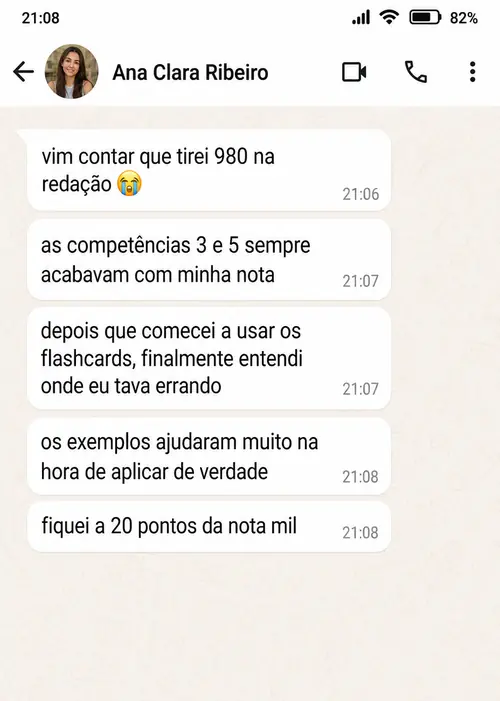 Depoimento de Beatriz Nunes via WhatsApp: tirei 1000 na redação do enem 2025