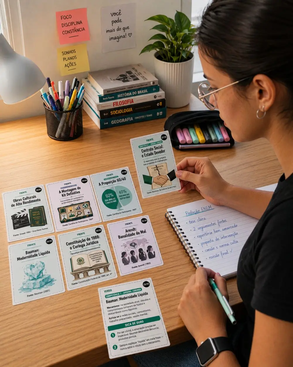 Estudante revisando os flashcards das 5 competências
